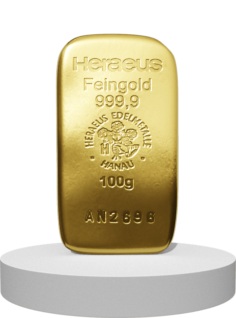 100 Gramm Heraeus Goldbarren (Gegossen)